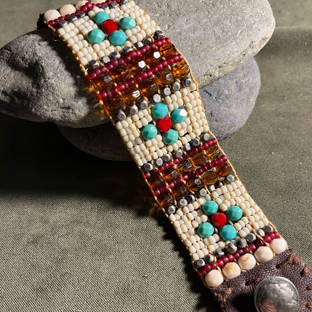 Beaded boho leather cuff bracelet - Picture 2 of 3
